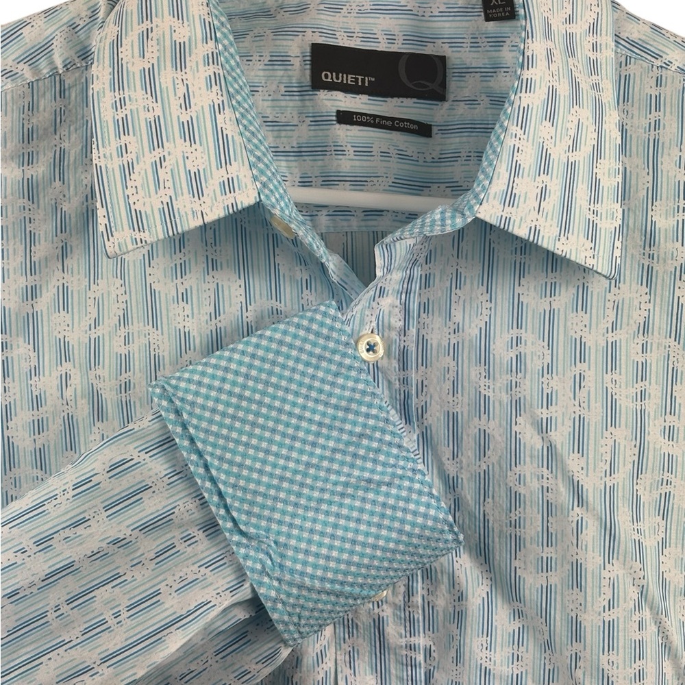 Men's Quieti Flip Cuff Multi-Tone Blue Stripes & Paisley Print‎ Button Down XL
